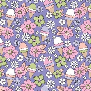 Summer Girls - Retro style ice-cream and daisies leaves and flowers pink green lilac purple 