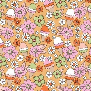 Summer Girls - Retro style ice-cream and daisies leaves and flowers pink green orange 