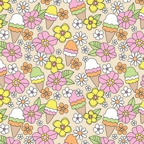 Summer Girls - Retro style ice-cream and daisies leaves and flowers pink yellow green on sand 