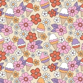 Summer Girls - Retro style ice-cream and daisies leaves and flowers pink orange lilac on sand 