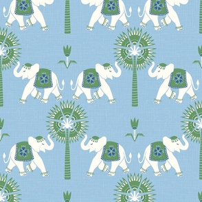 Elephant and palm/green on textured blue