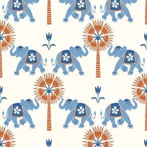 Elephant and palm/rust and blue on cream