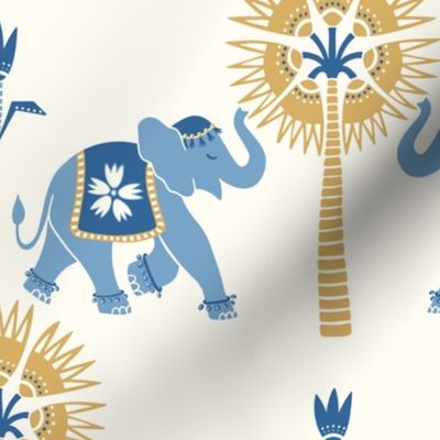 Elephant and palm/blue and ochre on cream