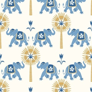 Elephant and palm/blue and ochre on cream