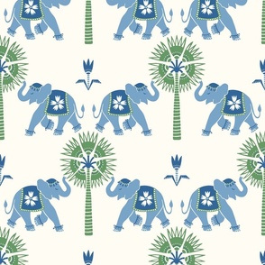 Elephant and palm/green and blue on cream