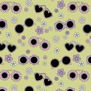 Summer girls - Retro Flowers and sunglasses groovy fashion style design lilac pink on green 