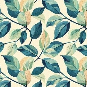 Small Scale Leafy Vines in Neutral Blue Soft Sage Tan Tones