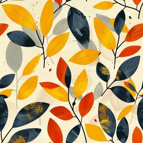 Large Scale Leafy Vines in Orange Red Navy and Yellow
