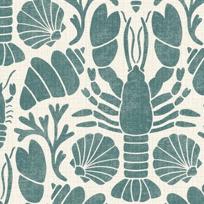 Block Print Crustaceans - Lobsters and shells teal LARGE