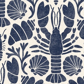 Block Print Crustaceans - Lobsters and shells blue LARGE