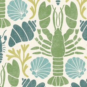 Block Print Crustaceans - Lobsters and shells green LARGE