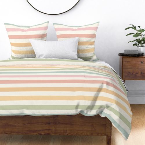 Large scale / Pastel rainbow 2 inch horizontal awning stripes on cream / Cute lines in soft pale powder baby pink blue green yellow orange red and warm light ivory beige off white / fun happy teenage classic cabana modern blender 