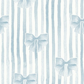 Medium Vintage Striped Bow Watercolor in Light Blue