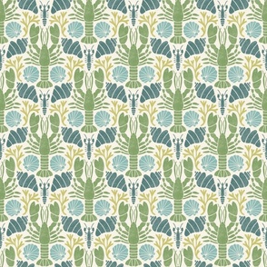 Block Print Custaceans - Lobsters and shells green SMALL