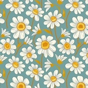 Small Scale Vintage Daisy Sweet White Daisies with Yellow Centers on Soft Aqua Blue