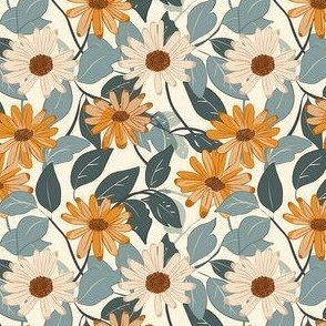 Small Scale Vintage Daisy Flowers Ivory and Golden Summer Daisies with Blue and Teal Leaves