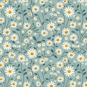 Small Scale Vintage Daisy Dainty and Sweet White Daisies on Soft Sage