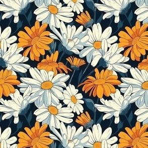 Small Scale Vintage Daisy Flowers Ivory and Golden Yellow Summer Daisies with Blue and Teal Leaves