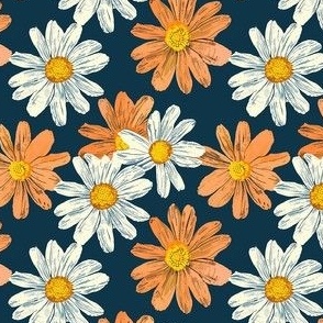 Small Scale Vintage Daisy Bold Coral Orange and White Daisies with Yellow Gold Centers on Crisp Navy
