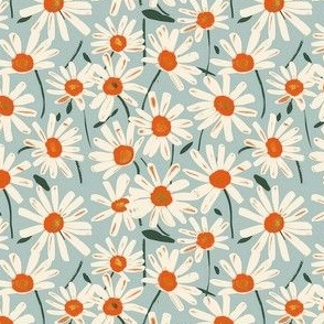 Small Scale Vintage Daisy Flowers Playful White Daisies with Orange Centers on Soft Blue