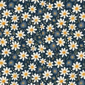 Small Scale Vintage Daisy Wildflower Garden of White Daisies on Navy