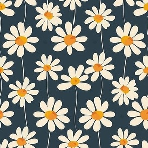 Medium Scale Vintage Daisy Flowers Off White Daisies with Yellow Gold on Navy