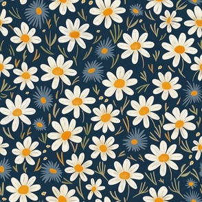 Large Scale Vintage Daisy Wildflower Garden of White Daisies on Navy