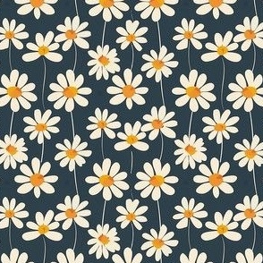 Small Scale Vintage Daisy Flowers Off White Daisies with Yellow Gold on Navy