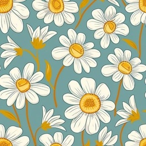 Medium Scale Vintage Daisy Sweet White Daisies with Yellow Centers on Soft Aqua Blue