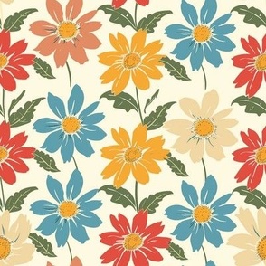 Medium Scale Vintage Daisy Flowers Playful Blue Red Yellow Ivory Daisies