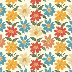 Small Scale Vintage Daisy Flowers Playful Blue Red Yellow Ivory Daisies