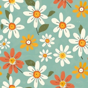 Large Scale Vintage Daisy Flowers Playful Colorful Daisies in Off white Yellow Gold and Coral on Sage Green