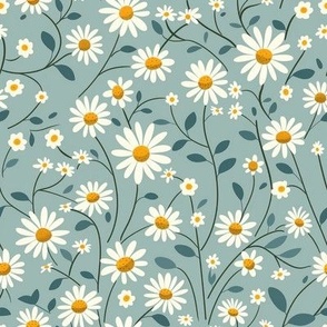 Medium Scale Vintage Daisy Dainty and Sweet White Daisies on Soft Sage