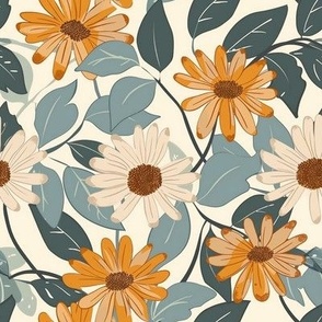 Medium Scale Vintage Daisy Flowers Ivory and Golden Summer Daisies with Blue and Teal Leaves