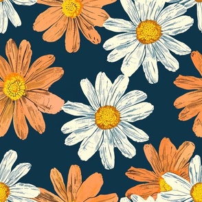 Large Scale Vintage Daisy Bold Coral Orange and White Daisies with Yellow Gold Centers on Crisp Navy