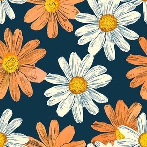 Medium Scale Vintage Daisy Bold Coral Orange and White Daisies with Yellow Gold Centers on Crisp Navy
