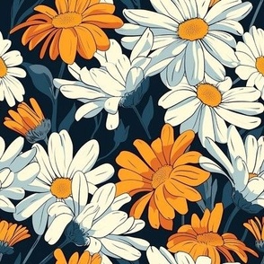 Medium Scale Vintage Daisy Flowers Ivory and Golden Yellow Summer Daisies with Blue and Teal Leaves