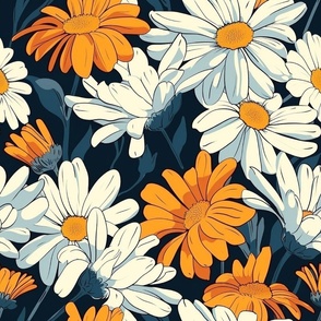Large Scale Vintage Daisy Flowers Ivory and Golden Yellow Summer Daisies with Blue and Teal Leaves
