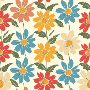 Large Scale Vintage Daisy Flowers Playful Blue Red Yellow Ivory Daisies