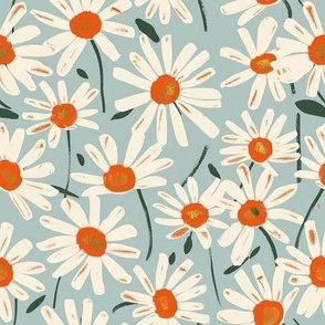 Medium Scale Vintage Daisy Flowers Playful White Daisies with Orange Centers on Soft Blue