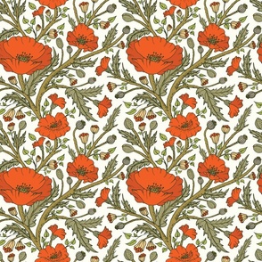 Blooming Flame Red Poppy on Natural bg - Boho Style