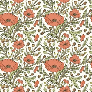 Blooming Pastel Red Poppy on Natural bg - Boho Style