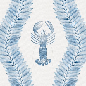 Blue lobster among seaweeds - elegant blue and white rustic block print marine pattern for crustacean core or seafood