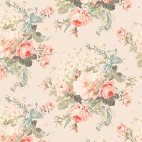 Embrace Enchanting Romance: Maximalism, Moody Florals, Vintage Roses, Daisies, Bows, Ribbons, Nostalgic Wildflowers in Antiqued Garden, Enhanced by Victorian Mystic-Inspired Powder Room Wallpaper soft peach linen effect