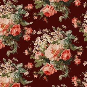 Embrace Enchanting Romance: Maximalism, Moody Florals, Vintage Roses, Daisies, Bows, Ribbons, Nostalgic Wildflowers in Antiqued Garden, Enhanced by Victorian Mystic-Inspired Powder Room Wallpaper maroon linen effect