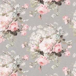Embrace Enchanting Romance: Maximalism, Moody Florals, Vintage Roses, Daisies, Bows, Ribbons, Nostalgic Wildflowers in Antiqued Garden, Enhanced by Victorian Mystic-Inspired Powder Room Wallpaper silver grey linen effect