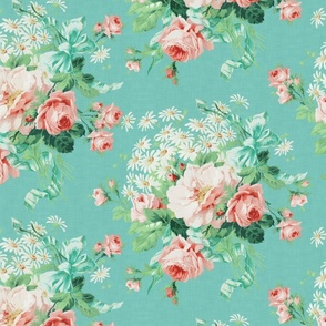 Embrace Enchanting Romance: Maximalism, Moody Florals, Vintage Roses, Daisies, Bows, Ribbons, Nostalgic Wildflowers in Antiqued Garden, Enhanced by Victorian Mystic-Inspired Powder Room Wallpaper turquoise linen effect