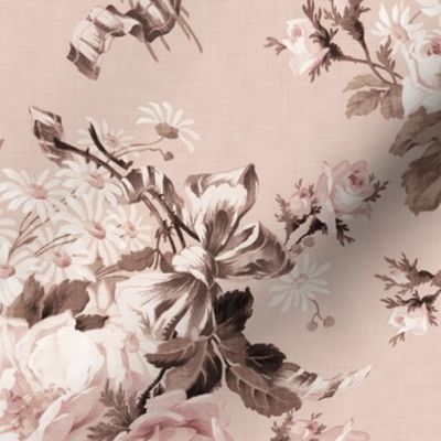 Embrace Enchanting Romance: Maximalism, Moody Florals, Vintage Roses, Daisies, Bows, Ribbons, Nostalgic Wildflowers in Antiqued Garden, Enhanced by Victorian Mystic-Inspired Powder Room Wallpaper light sepia beige linen effect