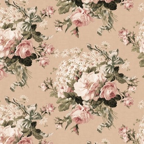 Embrace Enchanting Romance: Maximalism, Moody Florals, Vintage Roses, Daisies, Bows, Ribbons, Nostalgic Wildflowers in Antiqued Garden, Enhanced by Victorian Mystic-Inspired Powder Room Wallpaper sepia beige linen effect