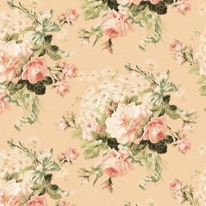 Embrace Enchanting Romance: Maximalism, Moody Florals, Vintage Roses, Daisies, Bows, Ribbons, Nostalgic Wildflowers in Antiqued Garden, Enhanced by Victorian Mystic-Inspired Powder Room Wallpaper sepia peach linen effect